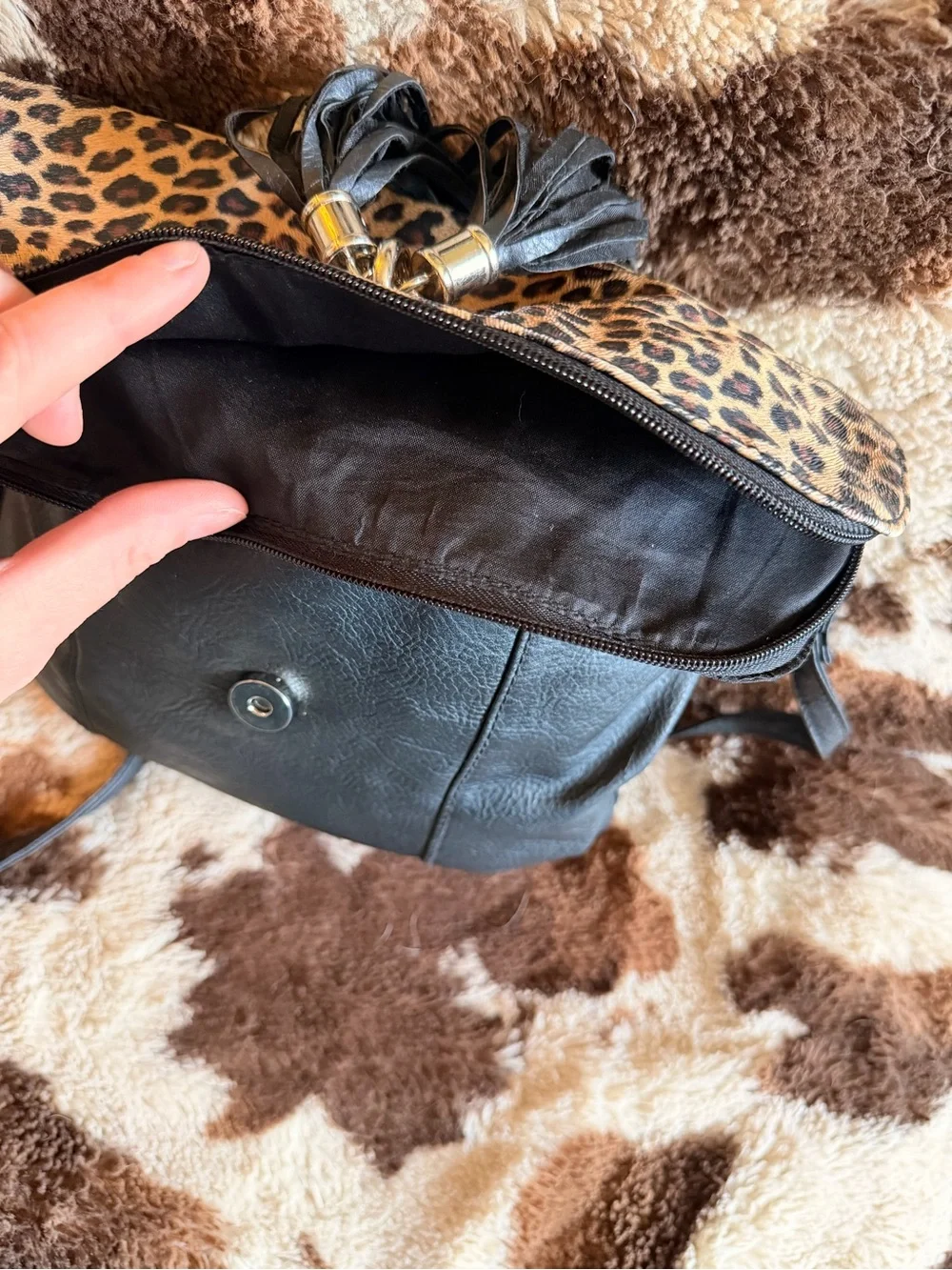 Leopard Print Foldover Crossbody Bag with Black Tassels